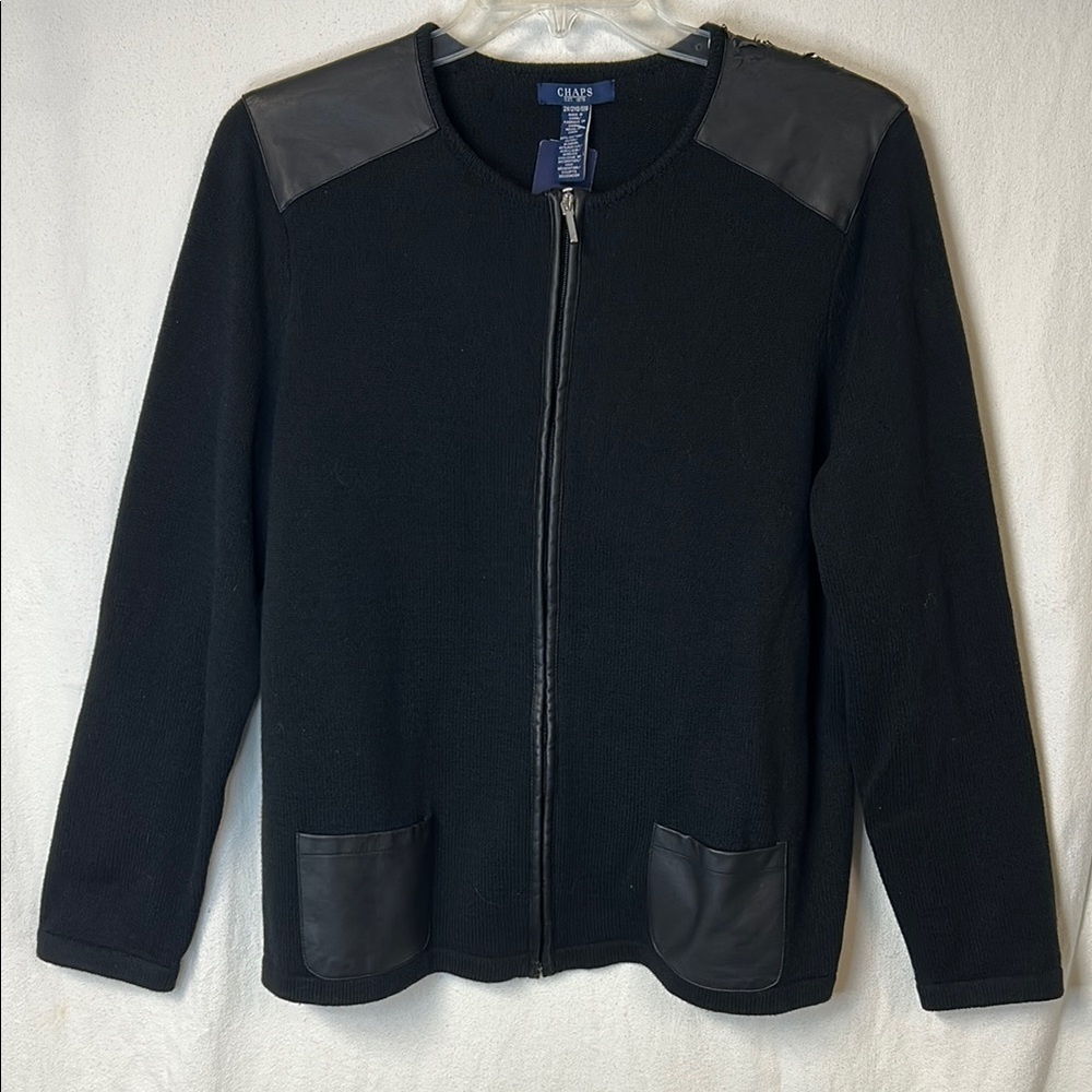 Chaps Women's Sweater Jacket with Leather  Like Accents Size 2X Black Zip Up NWT